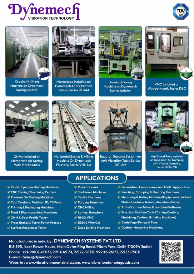 Alt Text: A detailed product application poster from Dynemech Vibration Technology showing various industrial machines—such as knitting machines, microscopes, housing closing machines, VMCs, CMMs, boring and milling machines, gauging systems, and high-speed presses—installed on Dynemech anti-vibration pads, spring isolators, wedge mounts, and tables. The lower section lists a wide range of applications for these vibration control solutions.