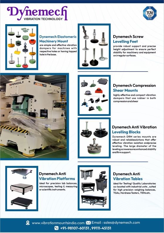 A product information poster from Dynemech Vibration Technology displaying various anti-vibration solutions, including wedge mounts, vibration insulation