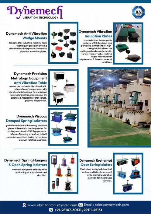 A product information poster from Dynemech Vibration Technology displaying various anti-vibration solutions, including wedge mounts, vibration insulation plates, anti-vibration tables, viscous damped spring isolators, spring hangers, and restrained open spring isolators. The poster features images of each product type and a large photo of industrial machinery installed with vibration control systems.